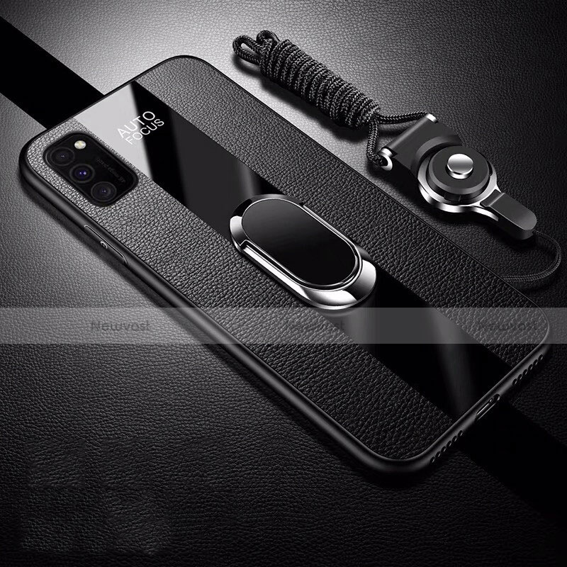 Soft Silicone Gel Leather Snap On Case Cover with Magnetic Finger Ring Stand T01 for Huawei Honor View 30 Pro 5G Black