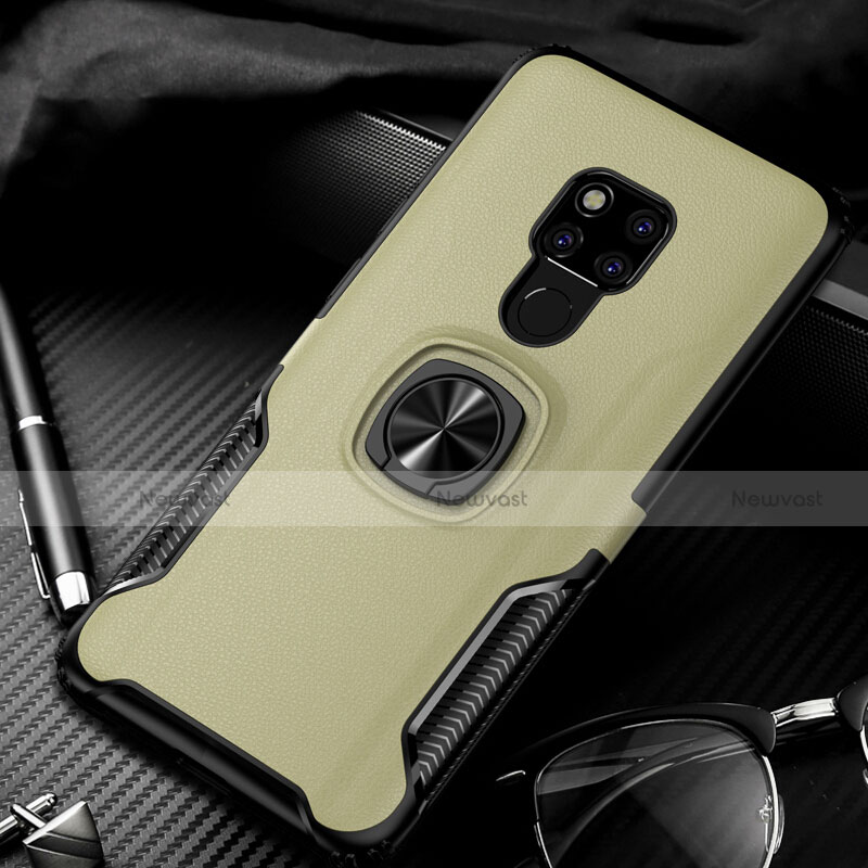 Soft Silicone Gel Leather Snap On Case Cover with Magnetic Finger Ring Stand T01 for Huawei Mate 20 Gold