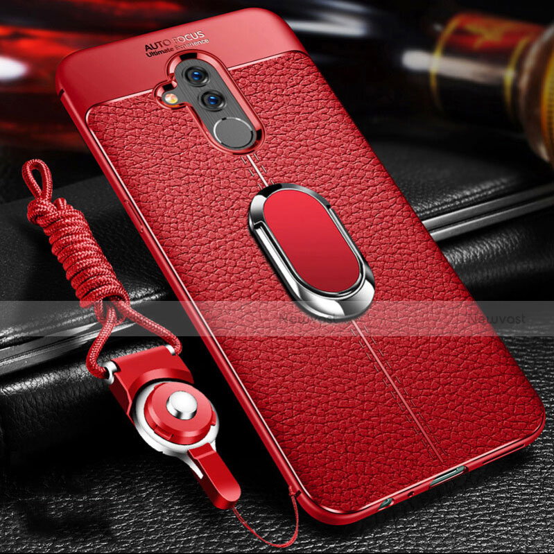 Soft Silicone Gel Leather Snap On Case Cover with Magnetic Finger Ring Stand T01 for Huawei Mate 20 Lite