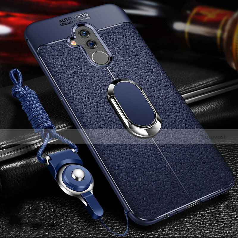 Soft Silicone Gel Leather Snap On Case Cover with Magnetic Finger Ring Stand T01 for Huawei Mate 20 Lite