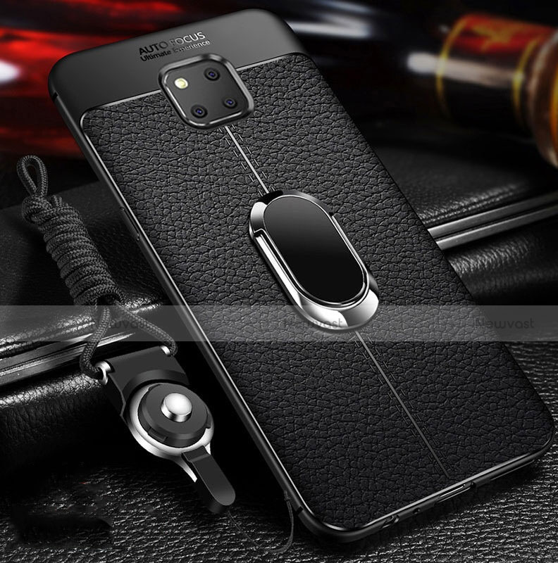 Soft Silicone Gel Leather Snap On Case Cover with Magnetic Finger Ring Stand T01 for Huawei Mate 20 Pro Black