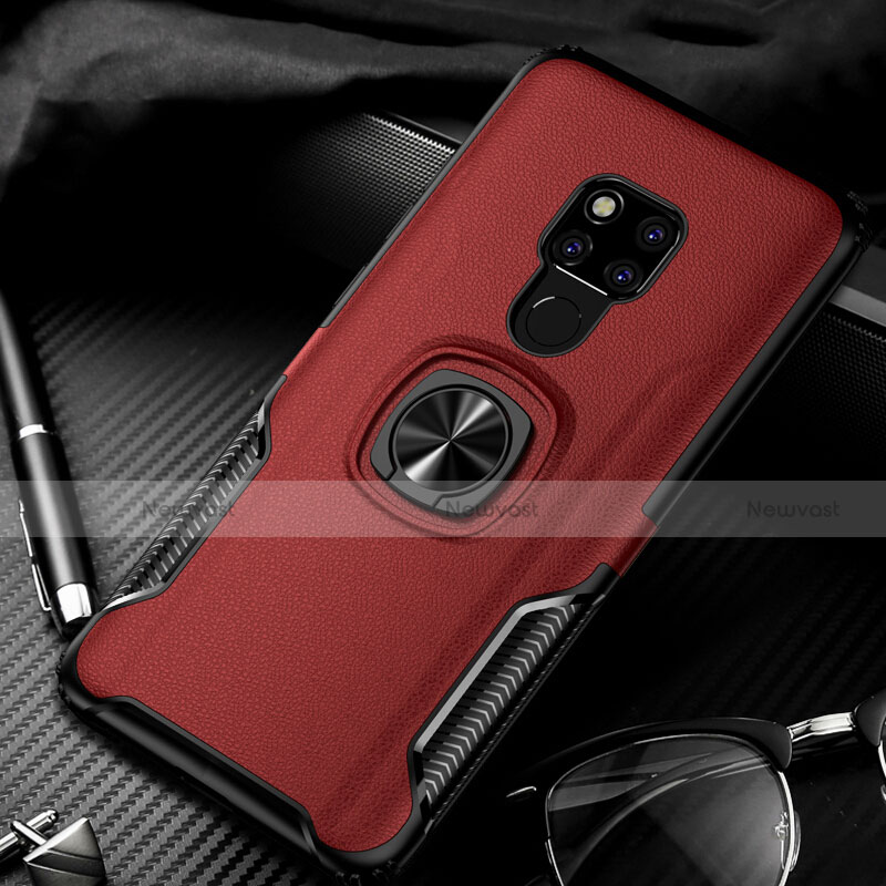 Soft Silicone Gel Leather Snap On Case Cover with Magnetic Finger Ring Stand T01 for Huawei Mate 20 Red