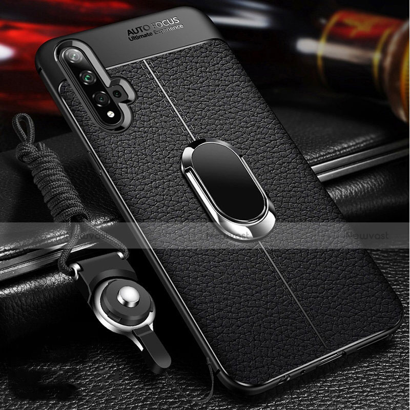 Soft Silicone Gel Leather Snap On Case Cover with Magnetic Finger Ring Stand T01 for Huawei Nova 5T Black