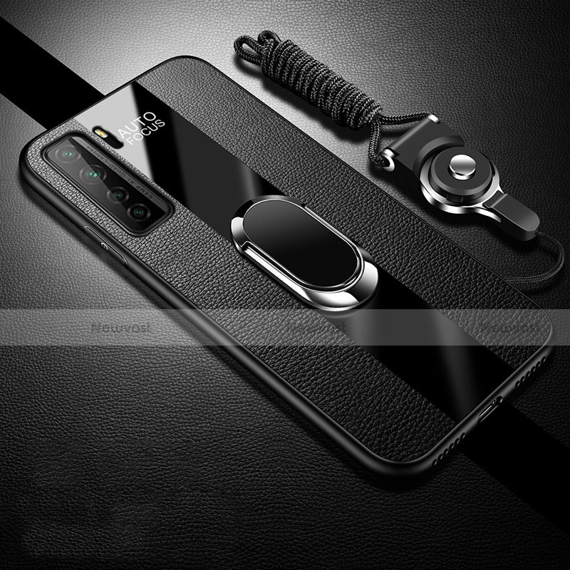 Soft Silicone Gel Leather Snap On Case Cover with Magnetic Finger Ring Stand T01 for Huawei Nova 7 SE 5G Black