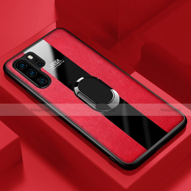 Soft Silicone Gel Leather Snap On Case Cover with Magnetic Finger Ring Stand T01 for Huawei P30 Pro