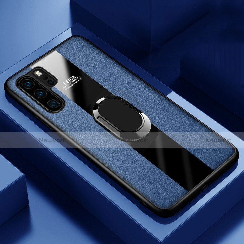 Soft Silicone Gel Leather Snap On Case Cover with Magnetic Finger Ring Stand T01 for Huawei P30 Pro Blue