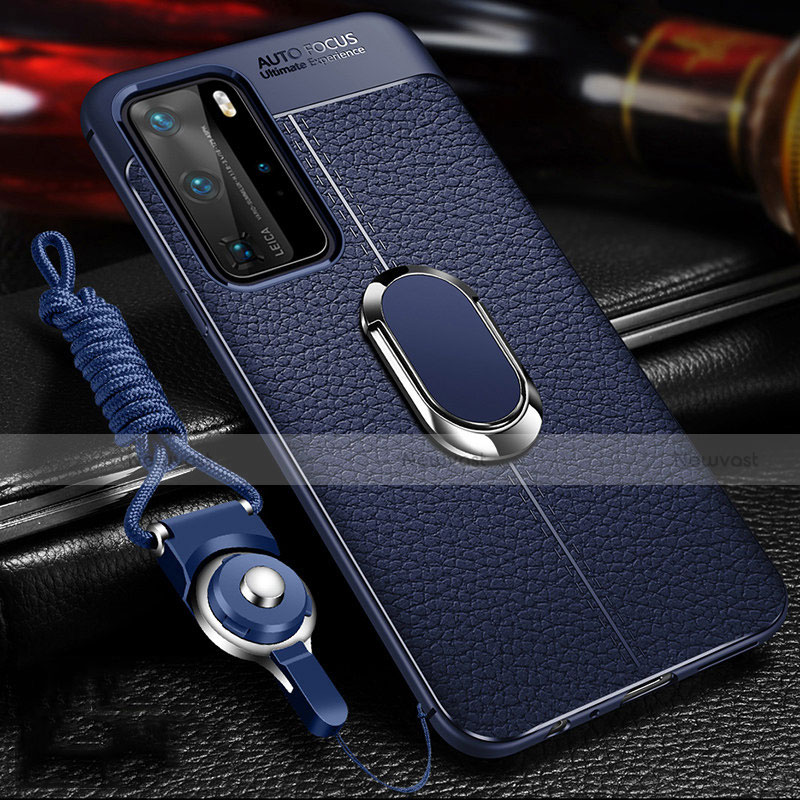 Soft Silicone Gel Leather Snap On Case Cover with Magnetic Finger Ring Stand T01 for Huawei P40 Pro