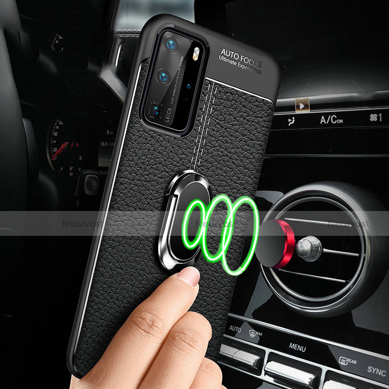 Soft Silicone Gel Leather Snap On Case Cover with Magnetic Finger Ring Stand T01 for Huawei P40 Pro