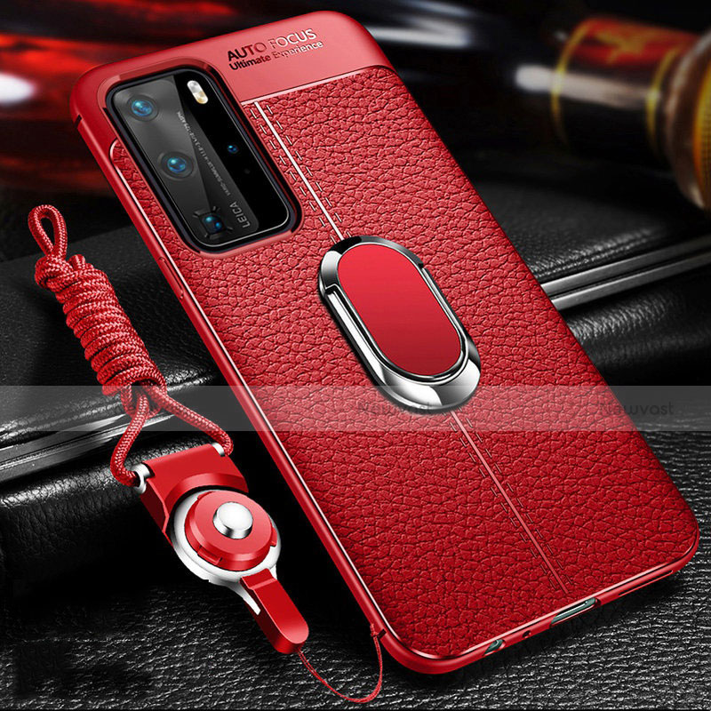 Soft Silicone Gel Leather Snap On Case Cover with Magnetic Finger Ring Stand T01 for Huawei P40 Pro Red