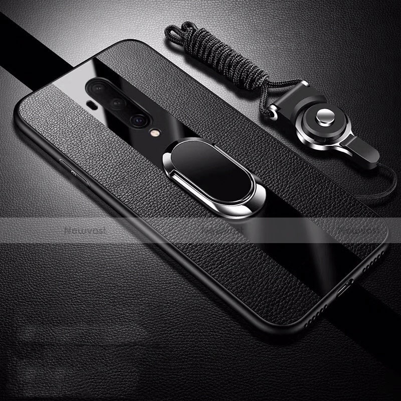 Soft Silicone Gel Leather Snap On Case Cover with Magnetic Finger Ring Stand T01 for OnePlus 7T Pro Black