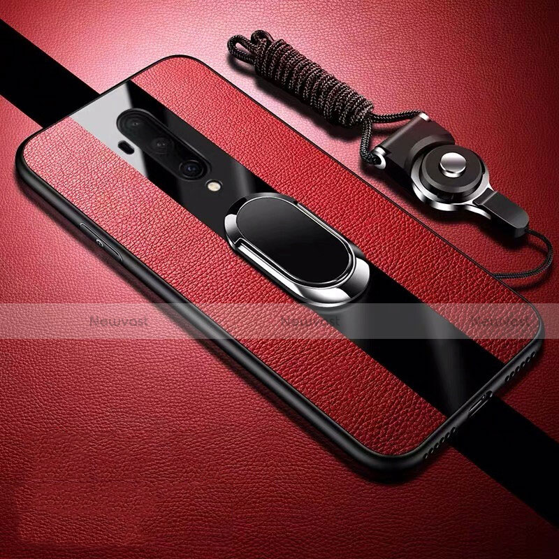 Soft Silicone Gel Leather Snap On Case Cover with Magnetic Finger Ring Stand T01 for OnePlus 7T Pro Red