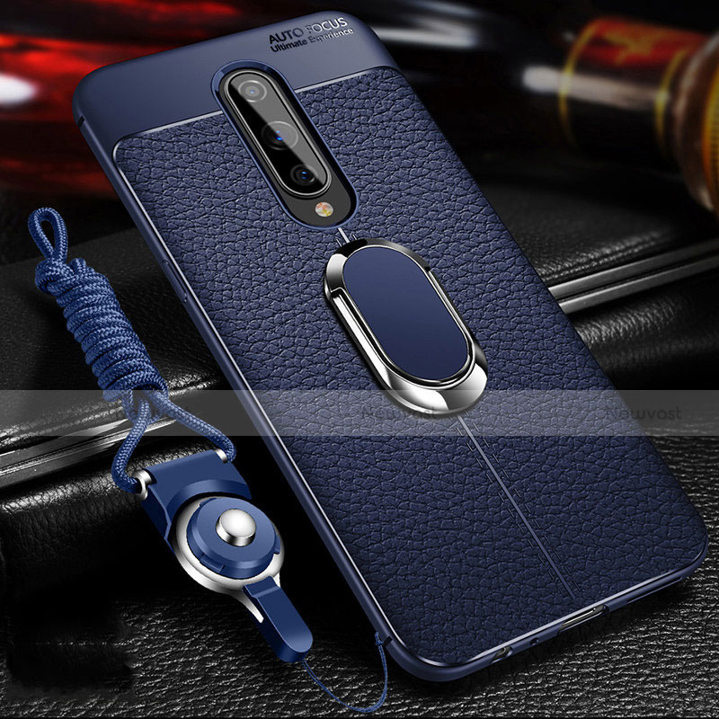 Soft Silicone Gel Leather Snap On Case Cover with Magnetic Finger Ring Stand T01 for OnePlus 8