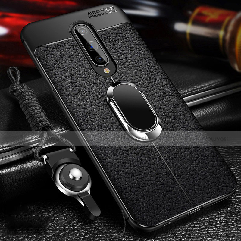 Soft Silicone Gel Leather Snap On Case Cover with Magnetic Finger Ring Stand T01 for OnePlus 8 Black