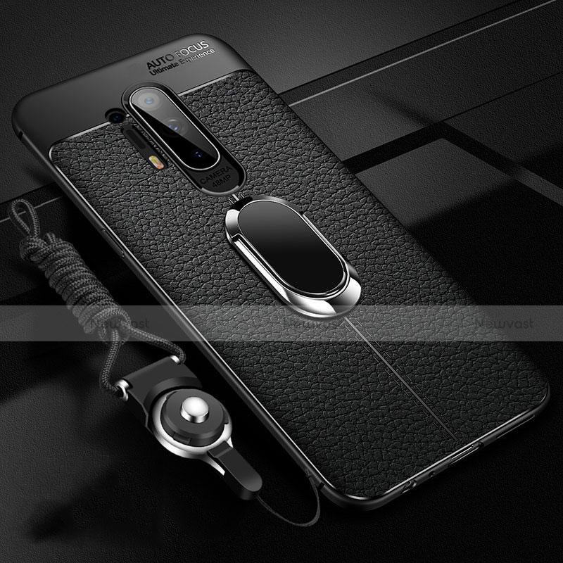 Soft Silicone Gel Leather Snap On Case Cover with Magnetic Finger Ring Stand T01 for OnePlus 8 Pro