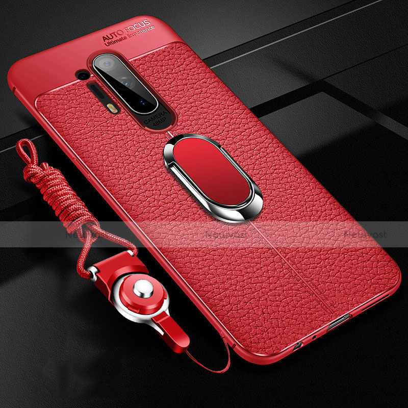 Soft Silicone Gel Leather Snap On Case Cover with Magnetic Finger Ring Stand T01 for OnePlus 8 Pro