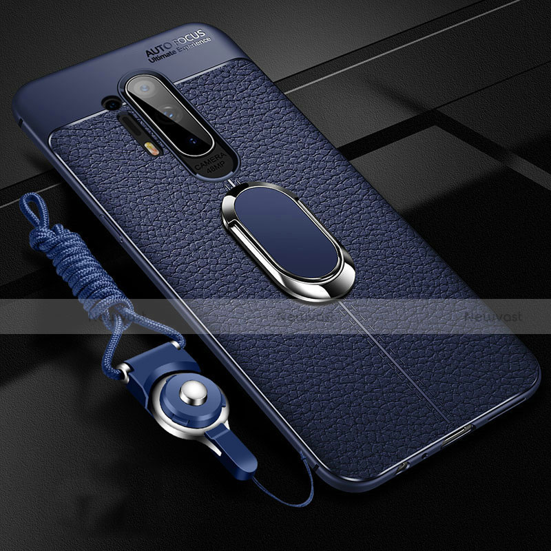 Soft Silicone Gel Leather Snap On Case Cover with Magnetic Finger Ring Stand T01 for OnePlus 8 Pro Blue