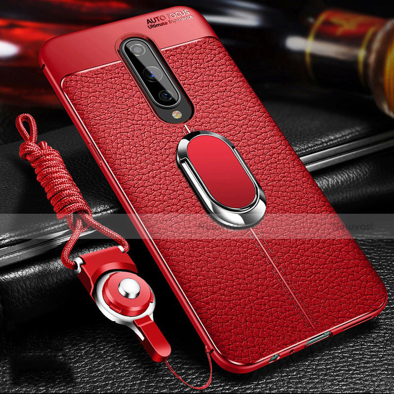 Soft Silicone Gel Leather Snap On Case Cover with Magnetic Finger Ring Stand T01 for OnePlus 8 Red
