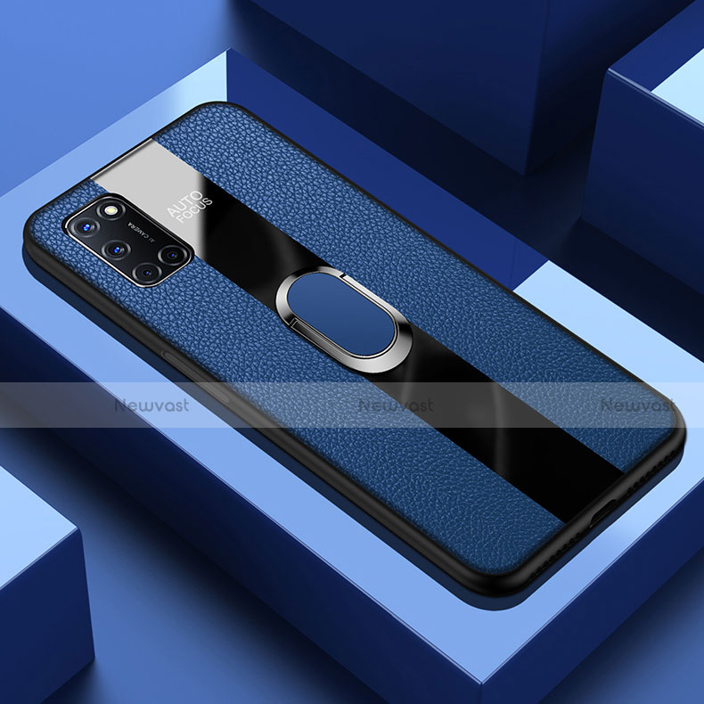 Soft Silicone Gel Leather Snap On Case Cover with Magnetic Finger Ring Stand T01 for Oppo A92 Blue