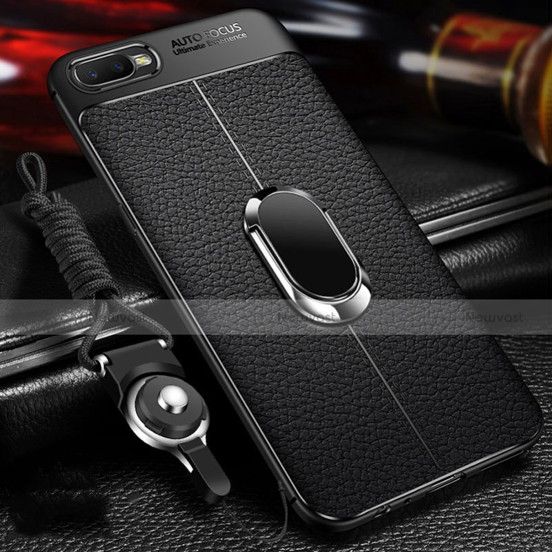 Soft Silicone Gel Leather Snap On Case Cover with Magnetic Finger Ring Stand T01 for Oppo K1 Black