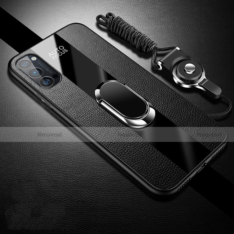 Soft Silicone Gel Leather Snap On Case Cover with Magnetic Finger Ring Stand T01 for Oppo Reno4 5G Black