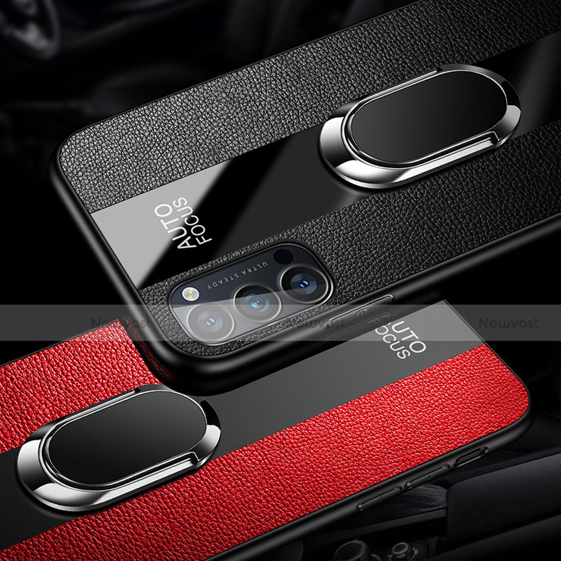Soft Silicone Gel Leather Snap On Case Cover with Magnetic Finger Ring Stand T01 for Oppo Reno4 Pro 5G