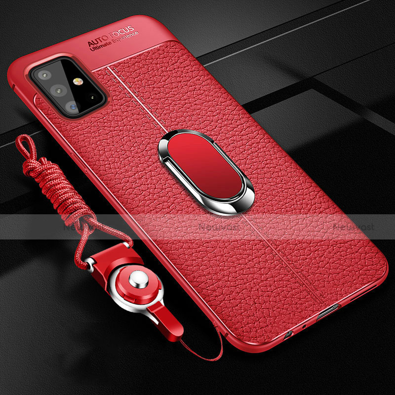 Soft Silicone Gel Leather Snap On Case Cover with Magnetic Finger Ring Stand T01 for Samsung Galaxy A51 5G Red