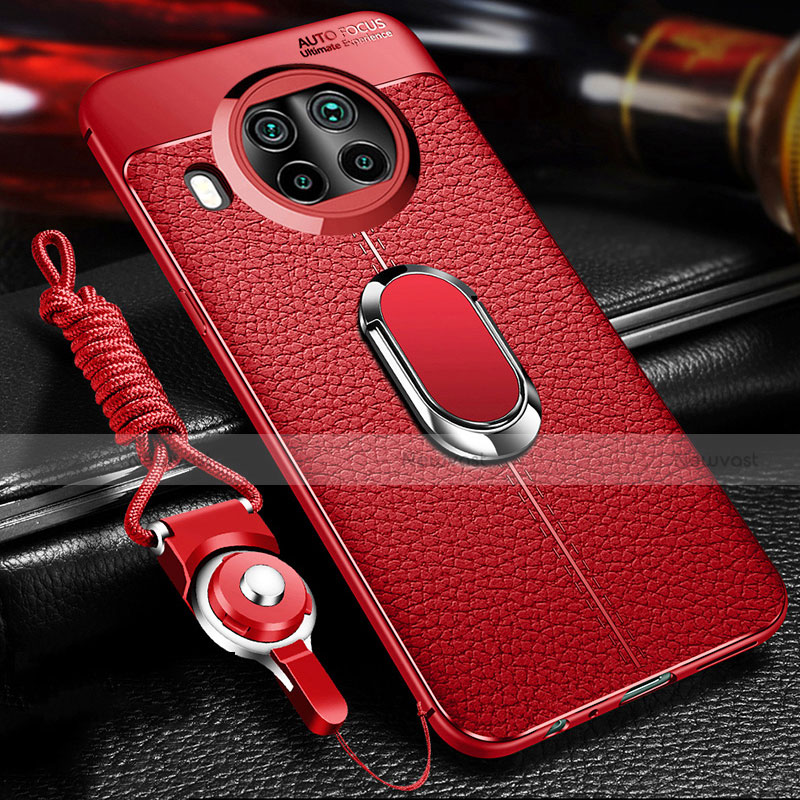 Soft Silicone Gel Leather Snap On Case Cover with Magnetic Finger Ring Stand T01 for Xiaomi Mi 10i 5G Red