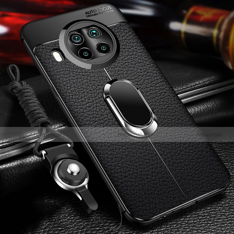 Soft Silicone Gel Leather Snap On Case Cover with Magnetic Finger Ring Stand T01 for Xiaomi Mi 10T Lite 5G Black