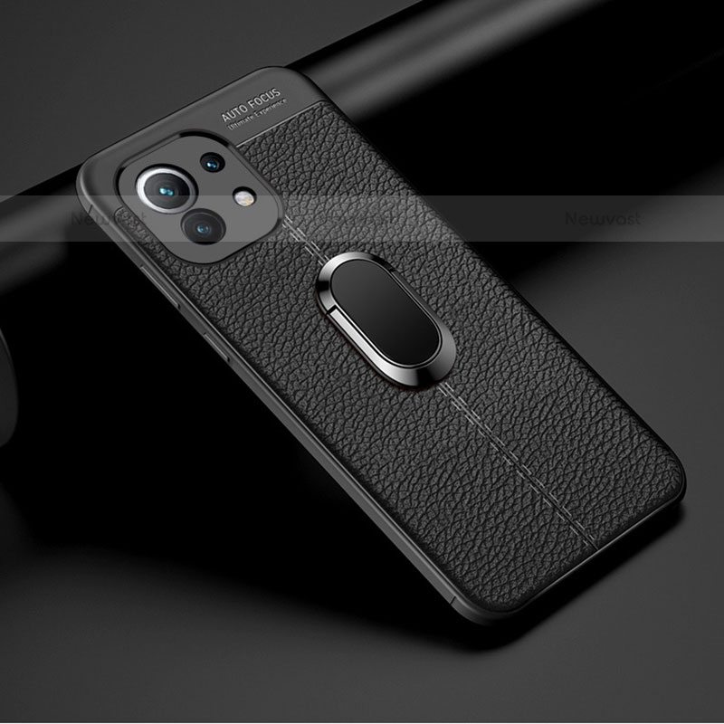 Soft Silicone Gel Leather Snap On Case Cover with Magnetic Finger Ring Stand T01 for Xiaomi Mi 11 Lite 5G Black