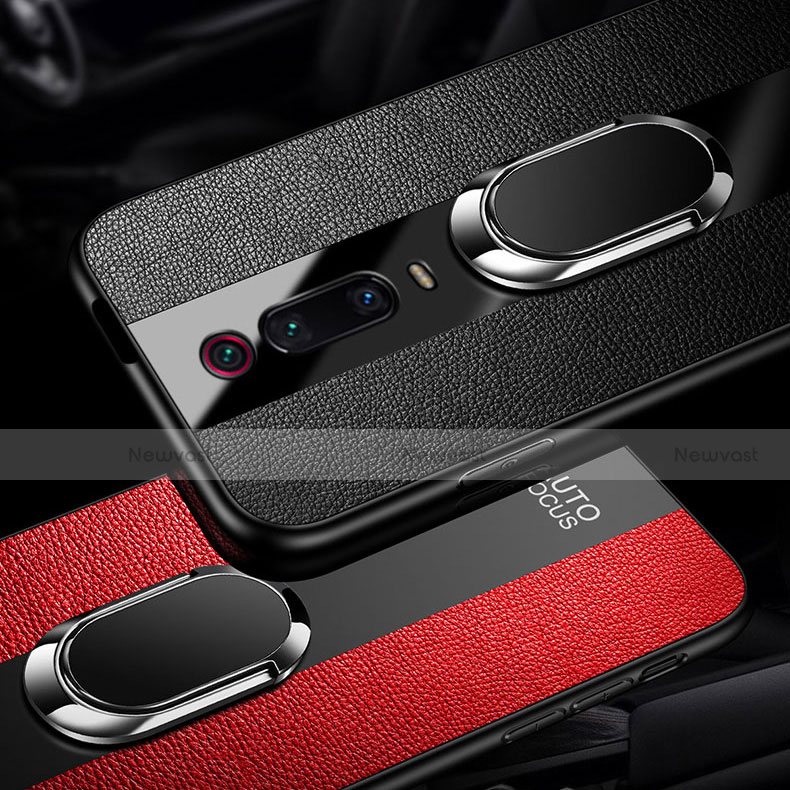 Soft Silicone Gel Leather Snap On Case Cover with Magnetic Finger Ring Stand T01 for Xiaomi Mi 9T Pro