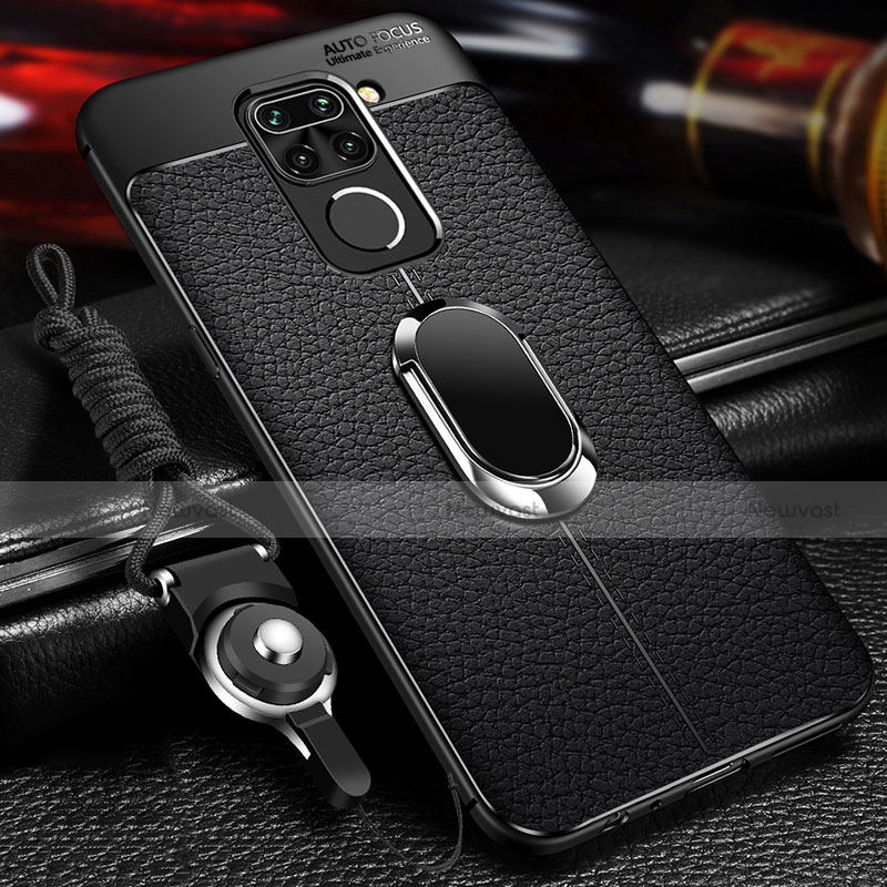 Soft Silicone Gel Leather Snap On Case Cover with Magnetic Finger Ring Stand T01 for Xiaomi Redmi 10X 4G Black