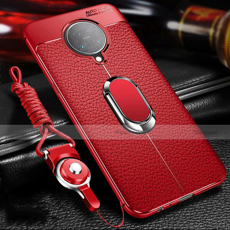 Soft Silicone Gel Leather Snap On Case Cover with Magnetic Finger Ring Stand T01 for Xiaomi Redmi K30 Pro 5G Red