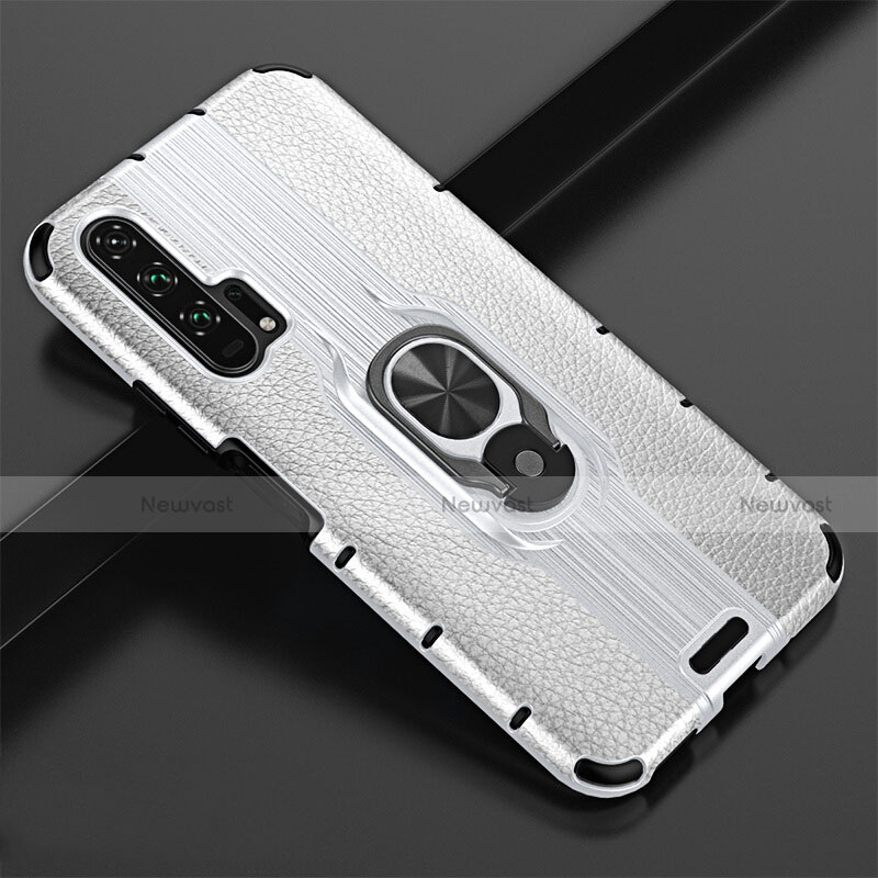 Soft Silicone Gel Leather Snap On Case Cover with Magnetic Finger Ring Stand T02 for Huawei Honor 20 Pro White