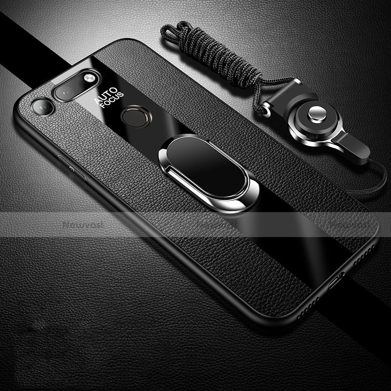 Soft Silicone Gel Leather Snap On Case Cover with Magnetic Finger Ring Stand T02 for Huawei Honor View 20 Black