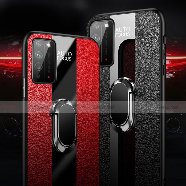 Soft Silicone Gel Leather Snap On Case Cover with Magnetic Finger Ring Stand T02 for Huawei Honor X10 5G
