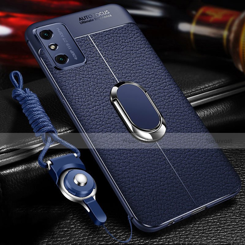 Soft Silicone Gel Leather Snap On Case Cover with Magnetic Finger Ring Stand T02 for Huawei Honor X10 Max 5G Blue