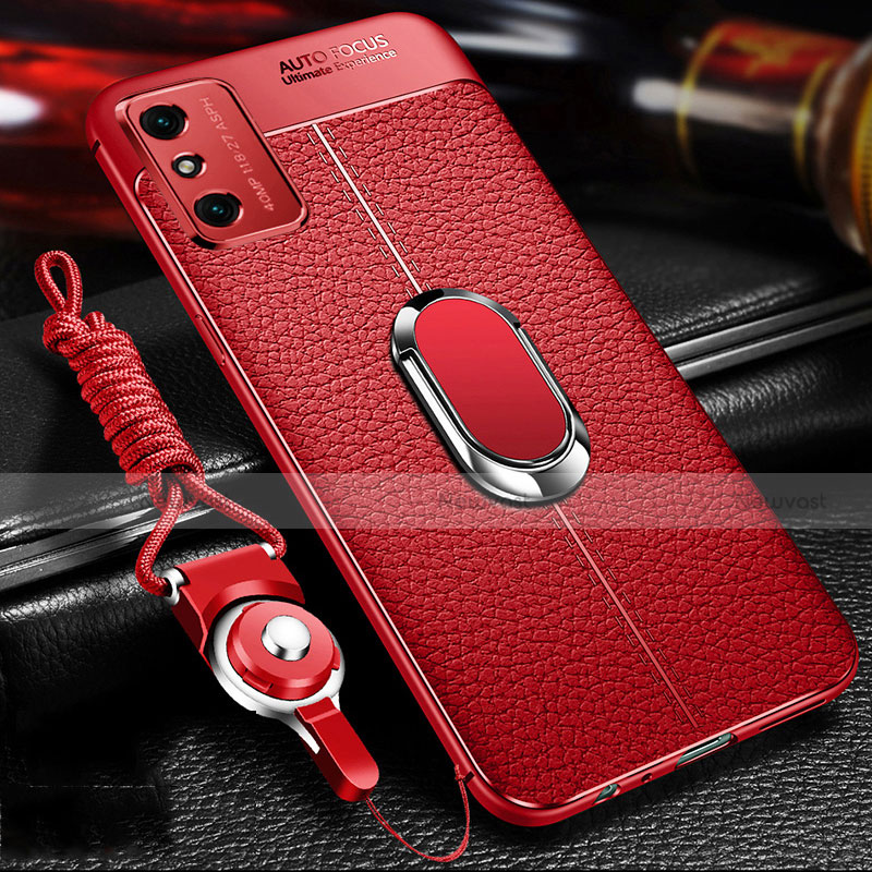 Soft Silicone Gel Leather Snap On Case Cover with Magnetic Finger Ring Stand T02 for Huawei Honor X10 Max 5G Red