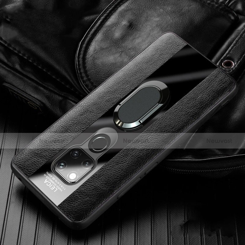Soft Silicone Gel Leather Snap On Case Cover with Magnetic Finger Ring Stand T02 for Huawei Mate 20 Black