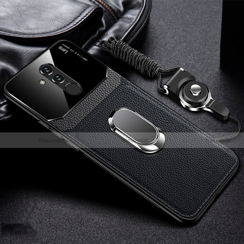 Soft Silicone Gel Leather Snap On Case Cover with Magnetic Finger Ring Stand T02 for Huawei Mate 20 Lite
