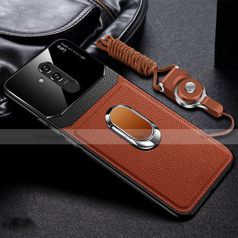 Soft Silicone Gel Leather Snap On Case Cover with Magnetic Finger Ring Stand T02 for Huawei Mate 20 Lite Brown