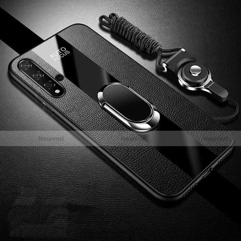Soft Silicone Gel Leather Snap On Case Cover with Magnetic Finger Ring Stand T02 for Huawei Nova 5 Pro Black