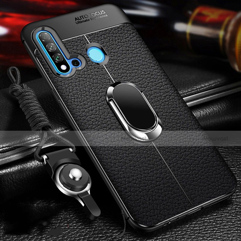 Soft Silicone Gel Leather Snap On Case Cover with Magnetic Finger Ring Stand T02 for Huawei Nova 5i Black