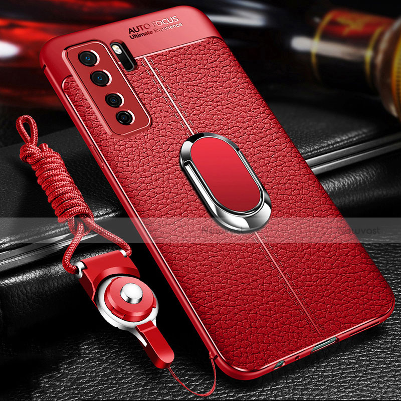 Soft Silicone Gel Leather Snap On Case Cover with Magnetic Finger Ring Stand T02 for Huawei Nova 7 SE 5G Red