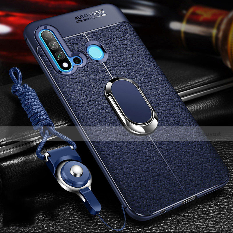 Soft Silicone Gel Leather Snap On Case Cover with Magnetic Finger Ring Stand T02 for Huawei P20 Lite (2019)