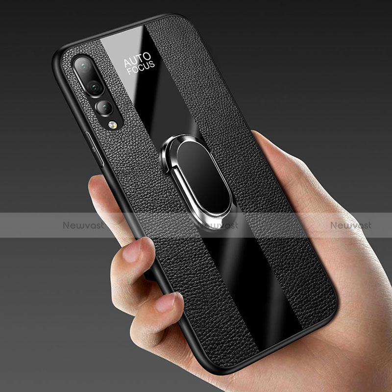 Soft Silicone Gel Leather Snap On Case Cover with Magnetic Finger Ring Stand T02 for Huawei P20 Pro