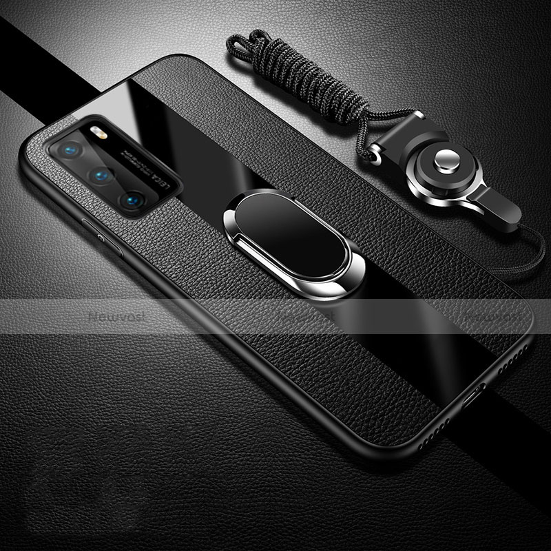 Soft Silicone Gel Leather Snap On Case Cover with Magnetic Finger Ring Stand T02 for Huawei P40 Black