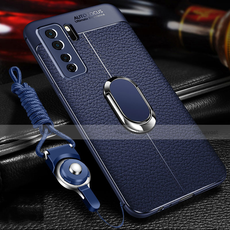 Soft Silicone Gel Leather Snap On Case Cover with Magnetic Finger Ring Stand T02 for Huawei P40 Lite 5G