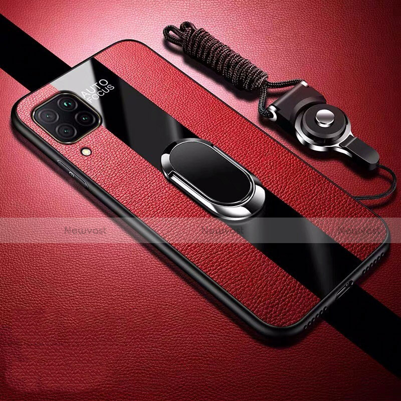 Soft Silicone Gel Leather Snap On Case Cover with Magnetic Finger Ring Stand T02 for Huawei P40 Lite Red