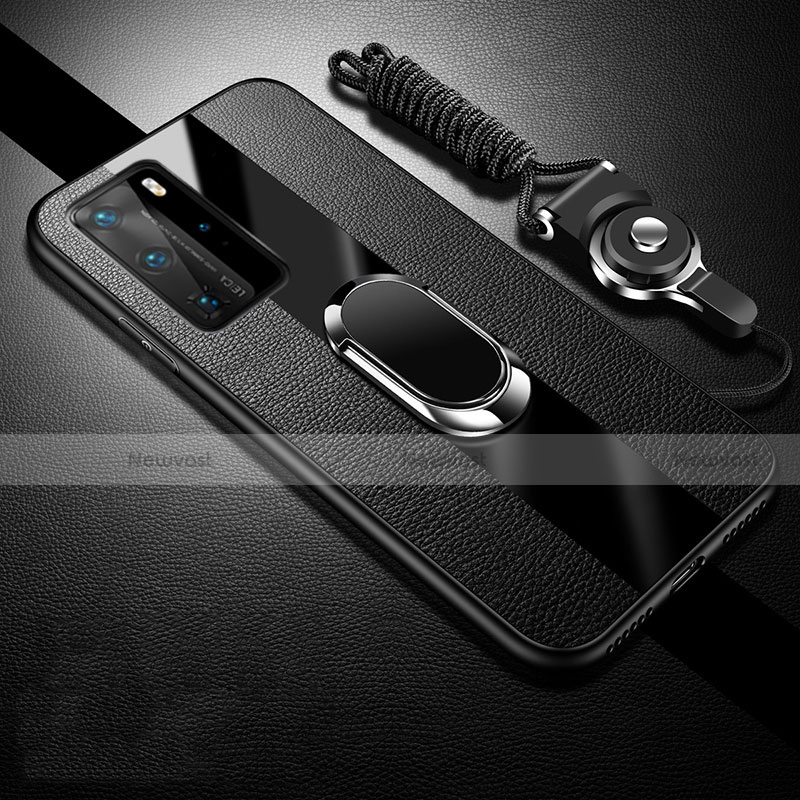Soft Silicone Gel Leather Snap On Case Cover with Magnetic Finger Ring Stand T02 for Huawei P40 Pro