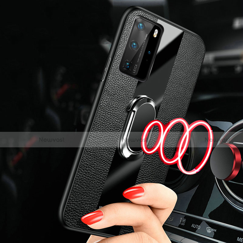 Soft Silicone Gel Leather Snap On Case Cover with Magnetic Finger Ring Stand T02 for Huawei P40 Pro